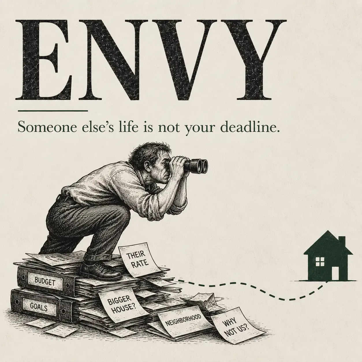 Envy chapter graphic showing a person watching someone else’s home and rate from behind a stack of goals