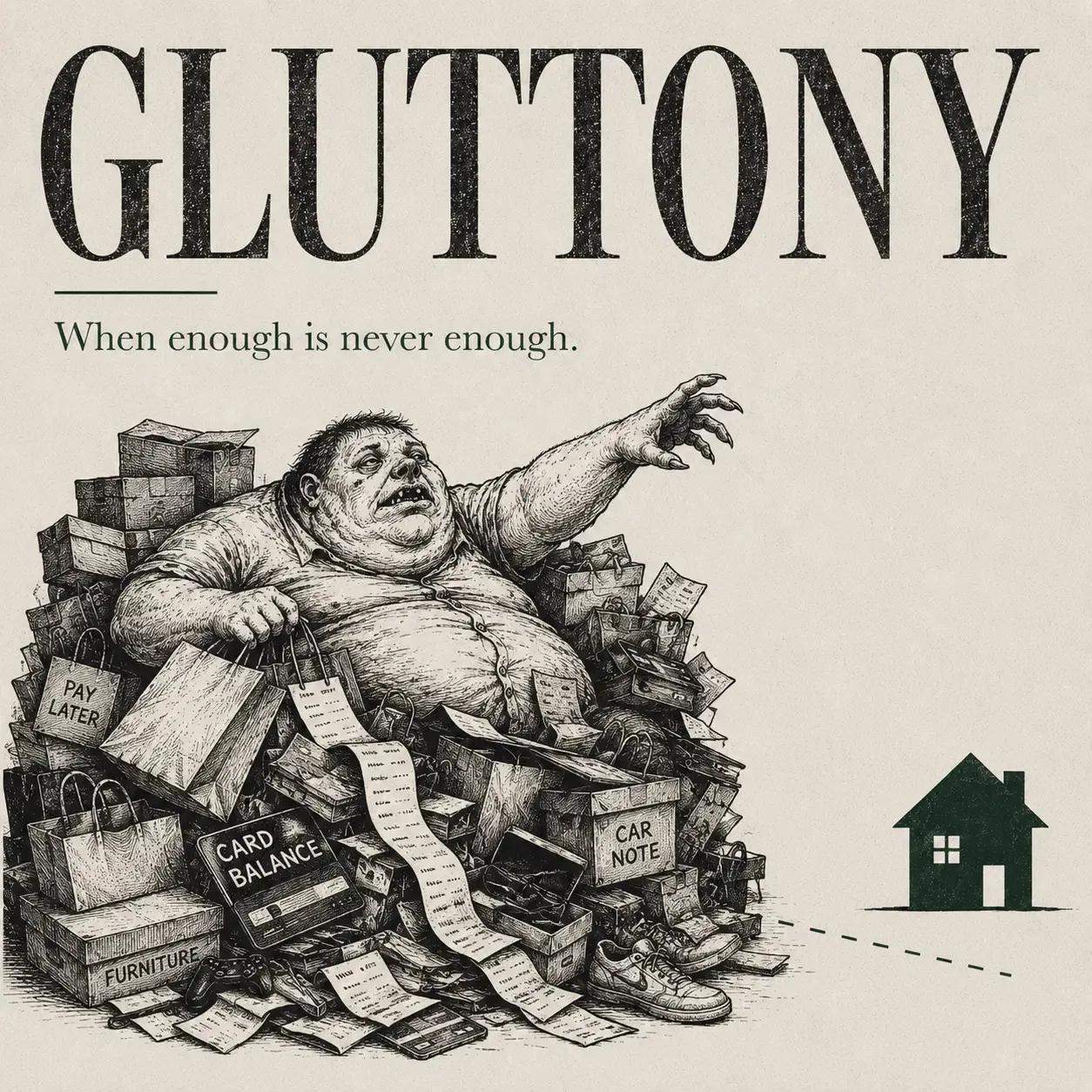 Gluttony chapter graphic showing a borrower buried in shopping bags, balances, furniture, and payment notices