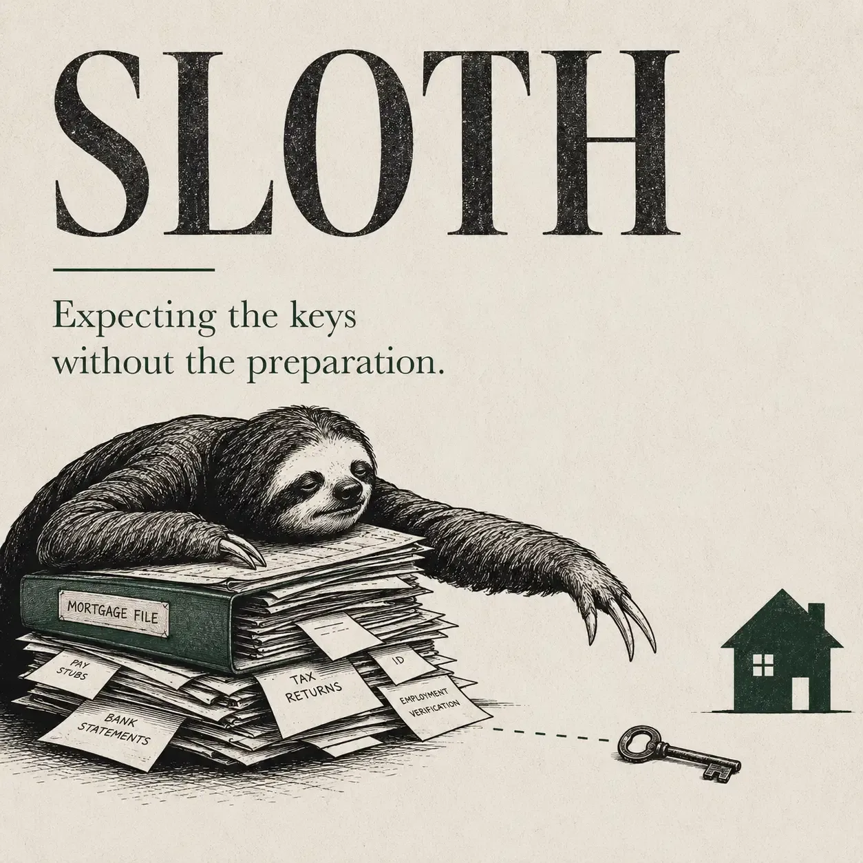 Sloth chapter graphic showing a sloth resting on a mortgage file while bank statements and tax returns wait nearby